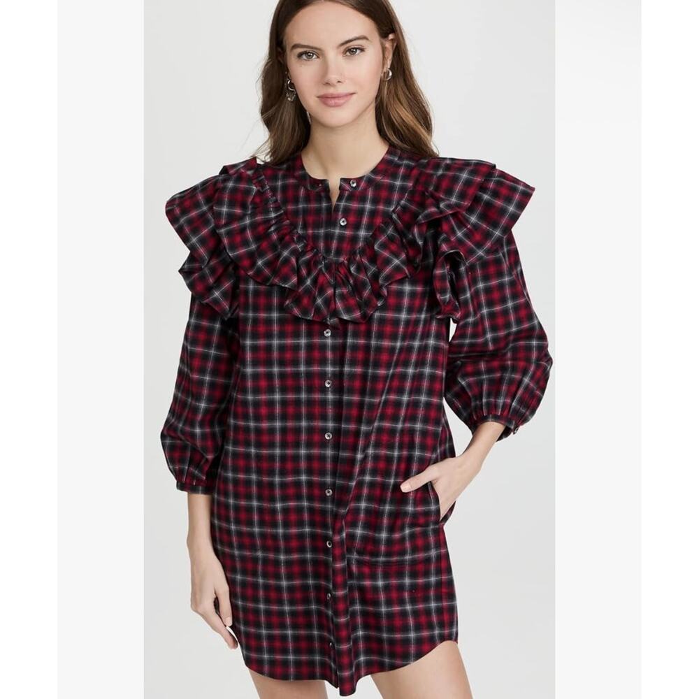 New something navy ruffle plaid button up dress long sleeve sz XS $165 - Picture 2 of 9